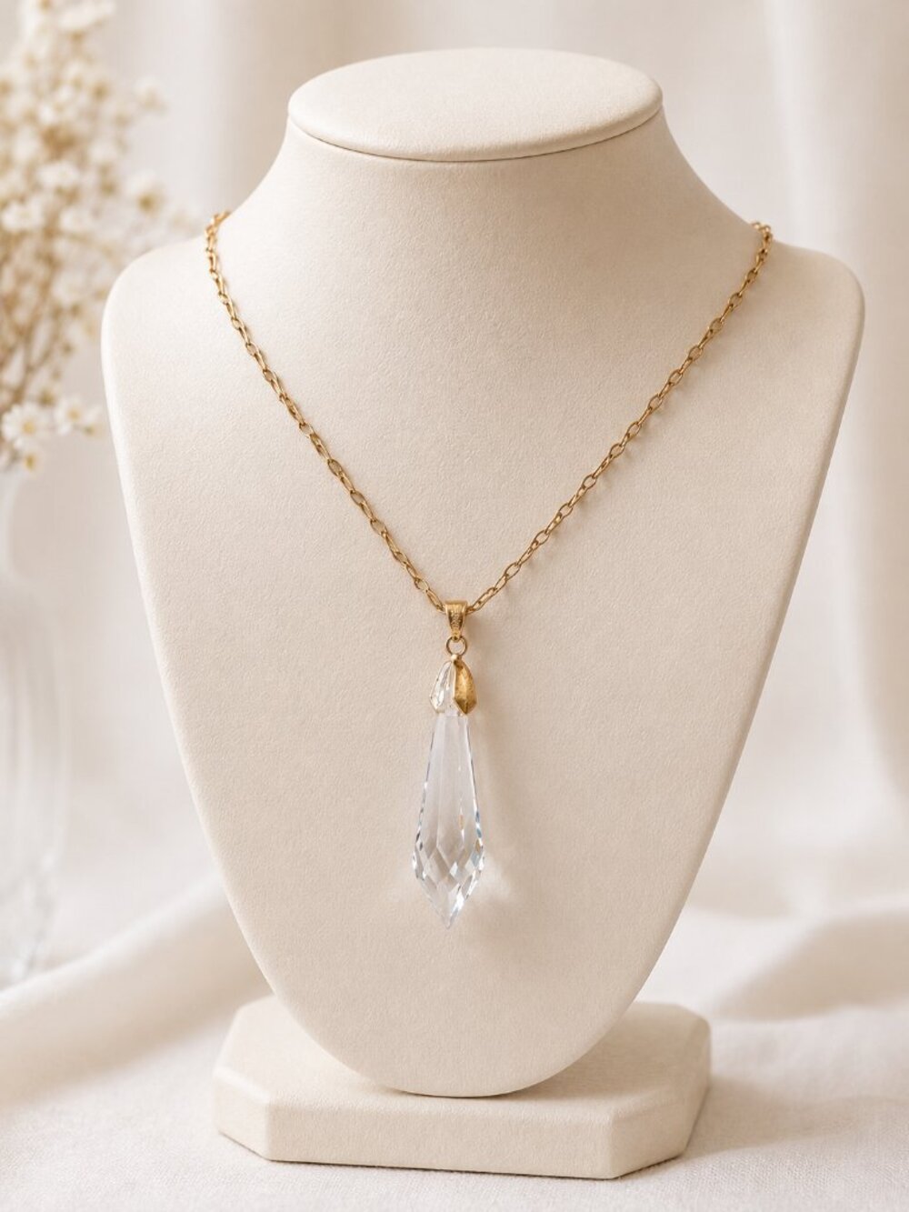 Crystal Dangle Gold Chain Pendent Necklace 18" Teardrop Magic Whimsical Gemstone